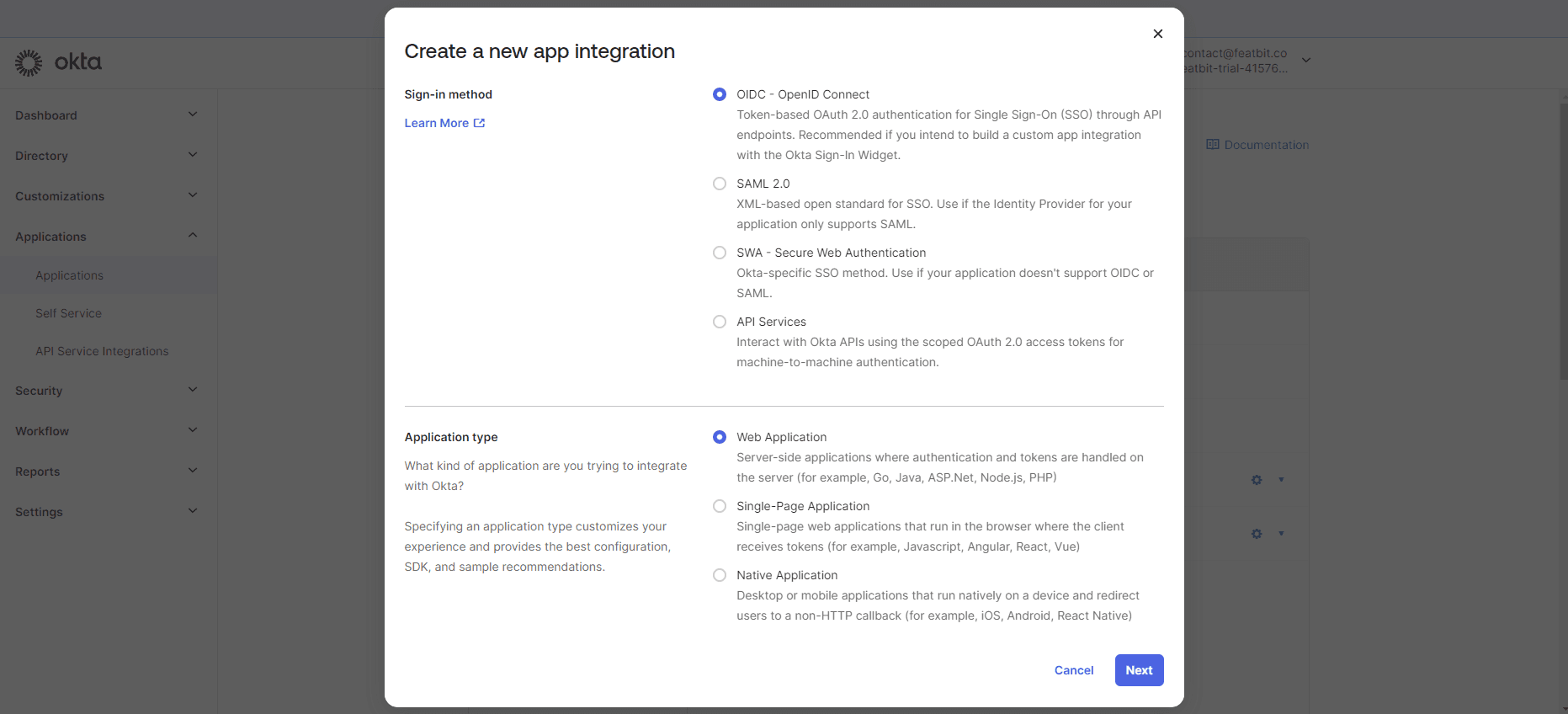 Sign-in method and Application Type